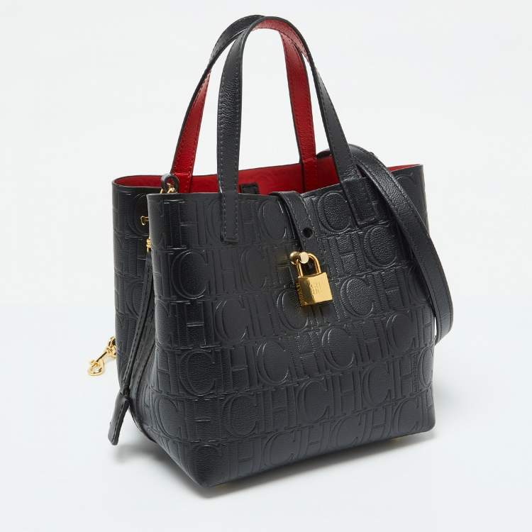 Pre Owned CH Carolina Herrera Black Monogram Embossed Leather Small Matryoshka Locked Tote