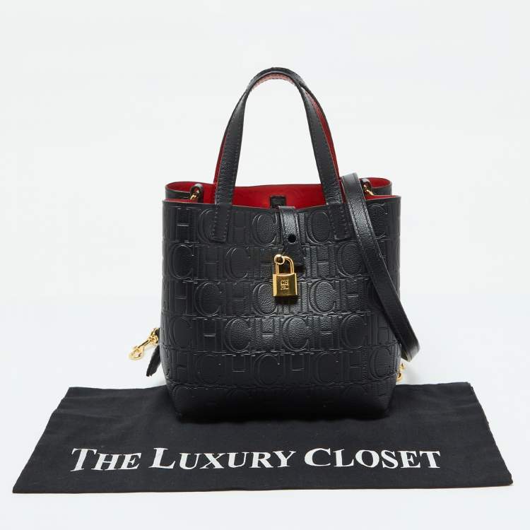 Pre Owned CH Carolina Herrera Black Monogram Embossed Leather Small Matryoshka Locked Tote
