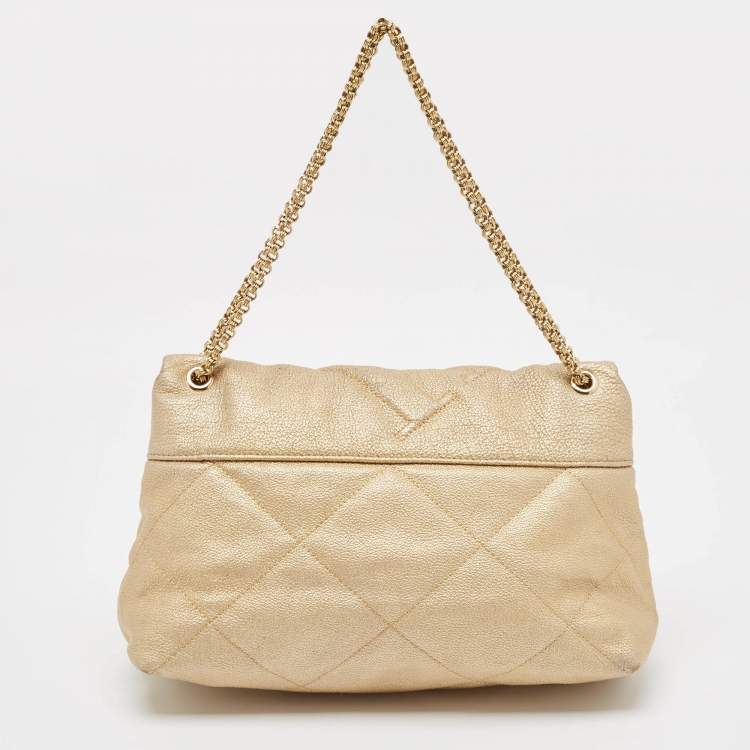 Pre Owned CH Carolina Herrera Gold Quilted Leather Flap Chain Shoulder Bag