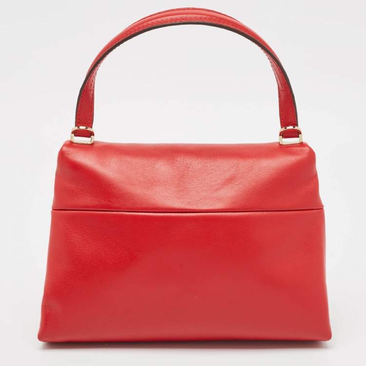 Pre Owned CH Carolina Herrera Red Leather Metal Bar Flap Top Handle Bag