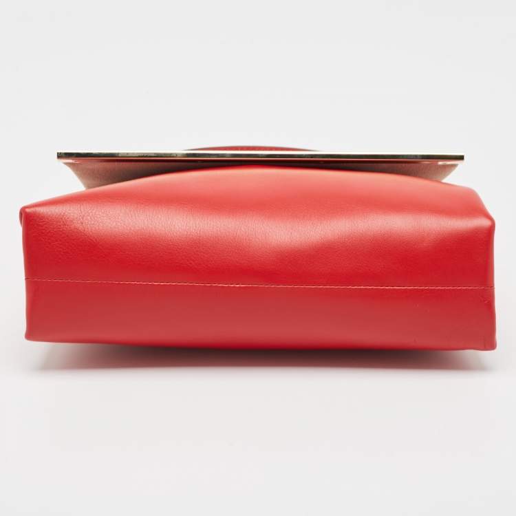 Pre Owned CH Carolina Herrera Red Leather Metal Bar Flap Top Handle Bag