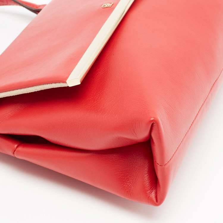 Pre Owned CH Carolina Herrera Red Leather Metal Bar Flap Top Handle Bag