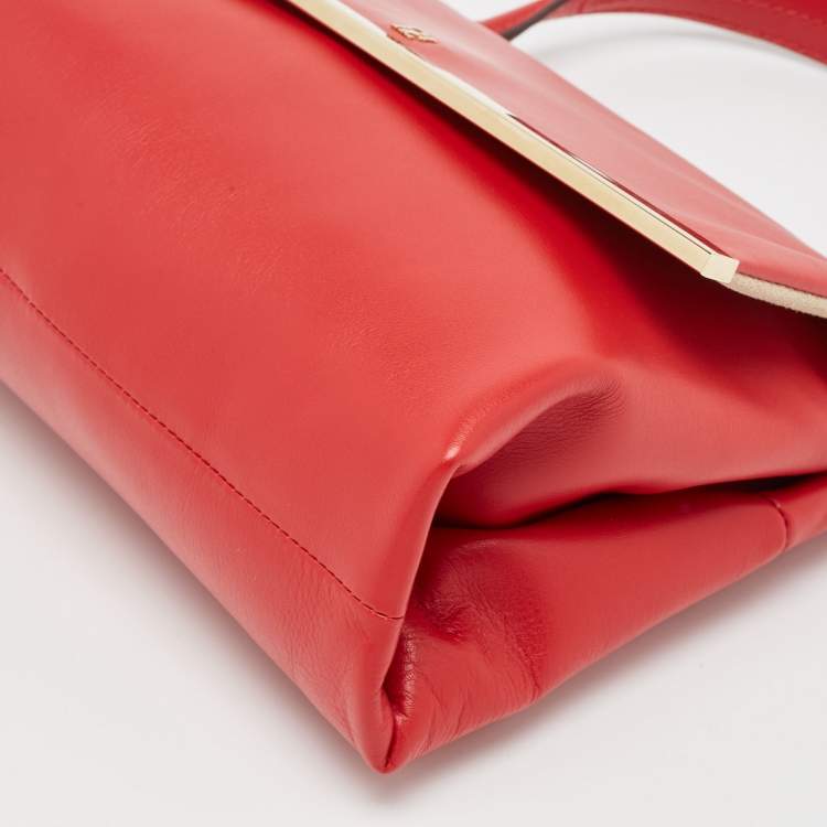 Pre Owned CH Carolina Herrera Red Leather Metal Bar Flap Top Handle Bag