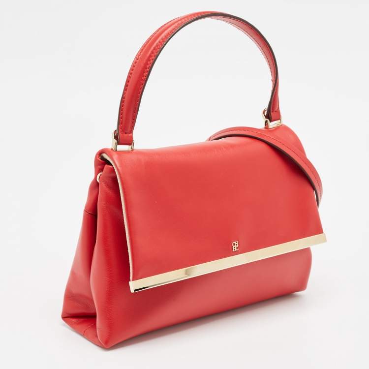 Pre Owned CH Carolina Herrera Red Leather Metal Bar Flap Top Handle Bag