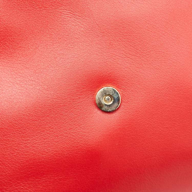 Pre Owned CH Carolina Herrera Red Leather Metal Bar Flap Top Handle Bag