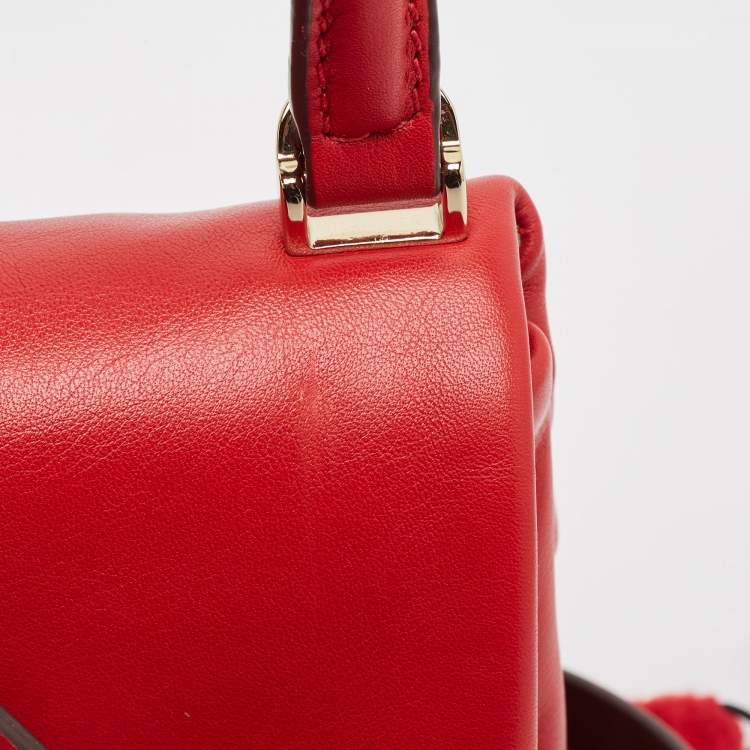 Pre Owned CH Carolina Herrera Red Leather Metal Bar Flap Top Handle Bag