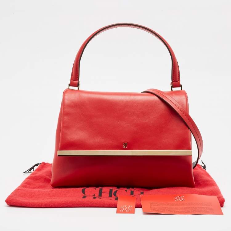 Pre Owned CH Carolina Herrera Red Leather Metal Bar Flap Top Handle Bag