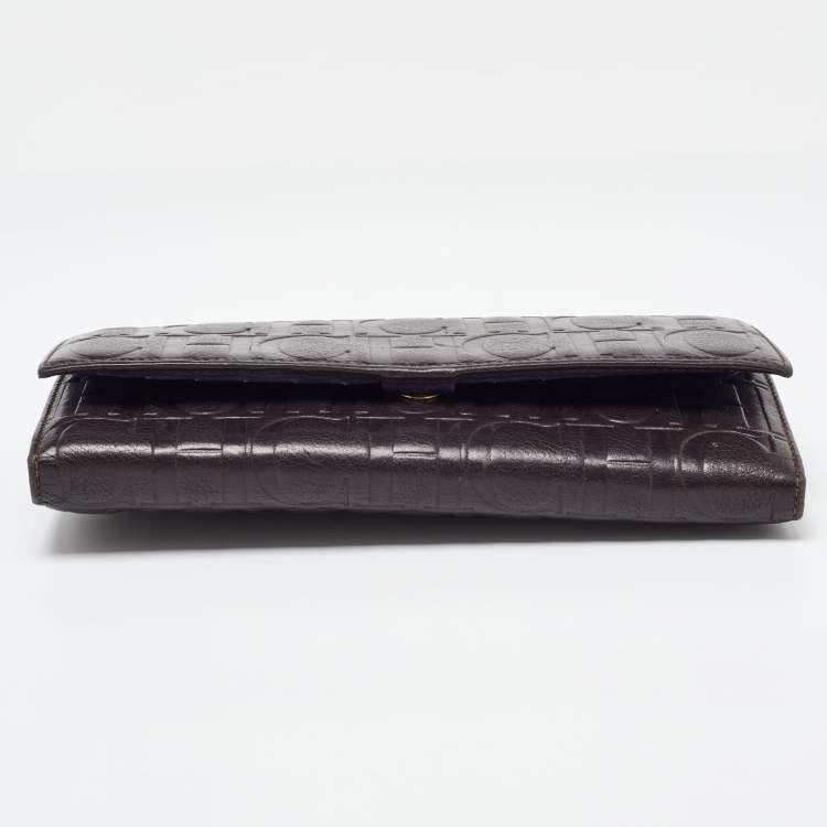 Pre Owned CH Carolina Herrera Brown Monogram Embossed Leather Trifold Clutch