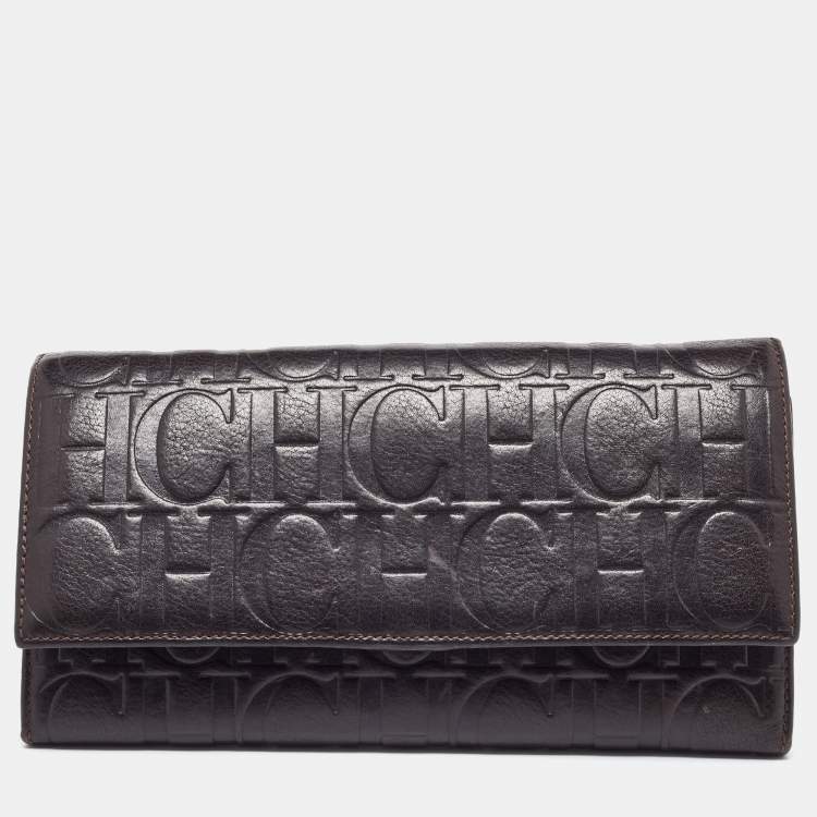 Pre Owned CH Carolina Herrera Brown Monogram Embossed Leather Trifold Clutch