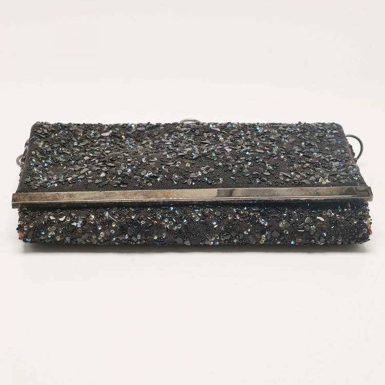 Pre Owned CH Carolina Herrera Black Fabric Beads Embellished Fabric Chain Clutch