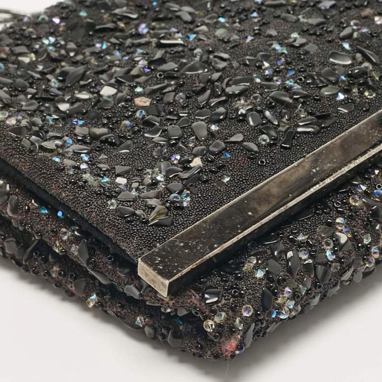 Pre Owned CH Carolina Herrera Black Fabric Beads Embellished Fabric Chain Clutch