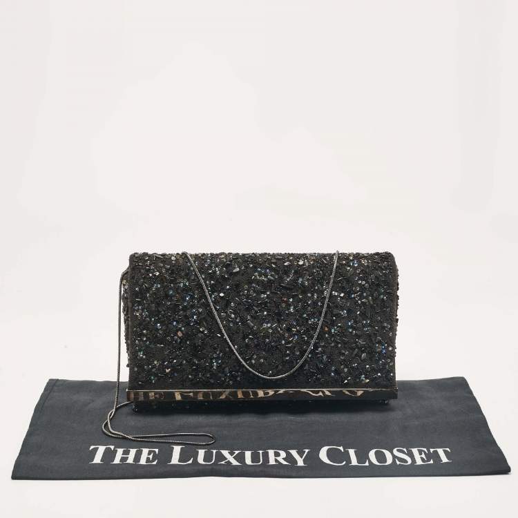 Pre Owned CH Carolina Herrera Black Fabric Beads Embellished Fabric Chain Clutch
