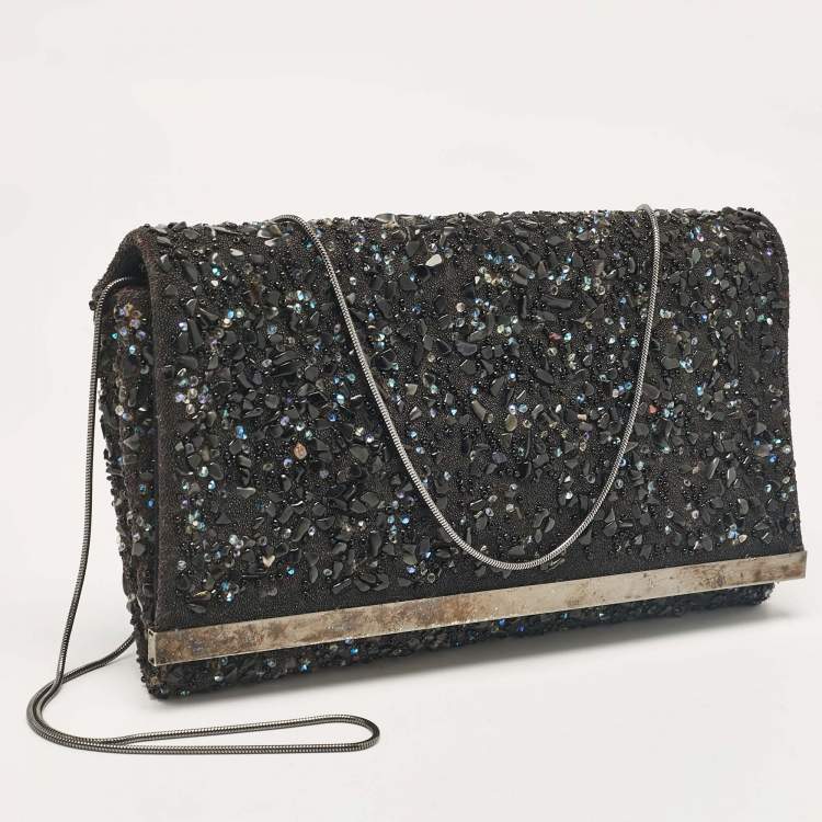 Pre Owned CH Carolina Herrera Black Fabric Beads Embellished Fabric Chain Clutch
