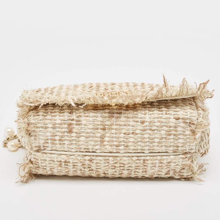 Pre Owned CH Carolina Herrera Beige/Silver Tweed and Leather Faux Pearl Embellished Shoulder Bag