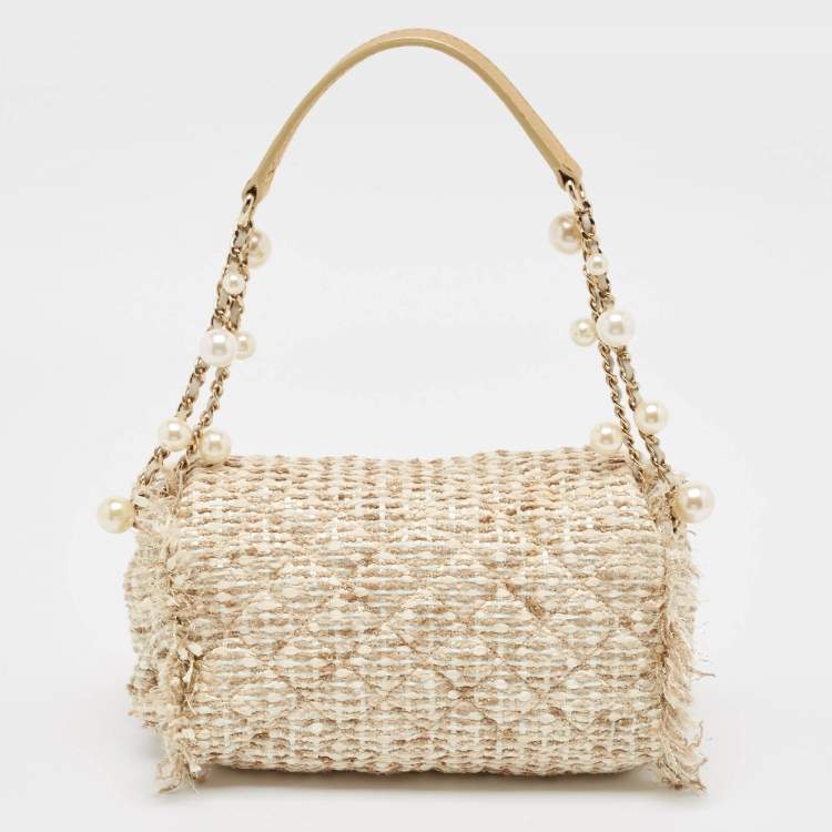 Pre Owned CH Carolina Herrera Beige/Silver Tweed and Leather Faux Pearl Embellished Shoulder Bag