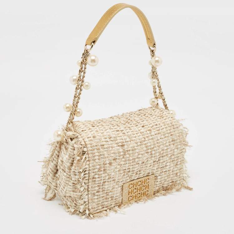 Pre Owned CH Carolina Herrera Beige/Silver Tweed and Leather Faux Pearl Embellished Shoulder Bag