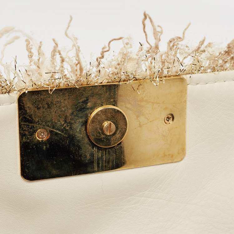 Pre Owned CH Carolina Herrera Beige/Silver Tweed and Leather Faux Pearl Embellished Shoulder Bag
