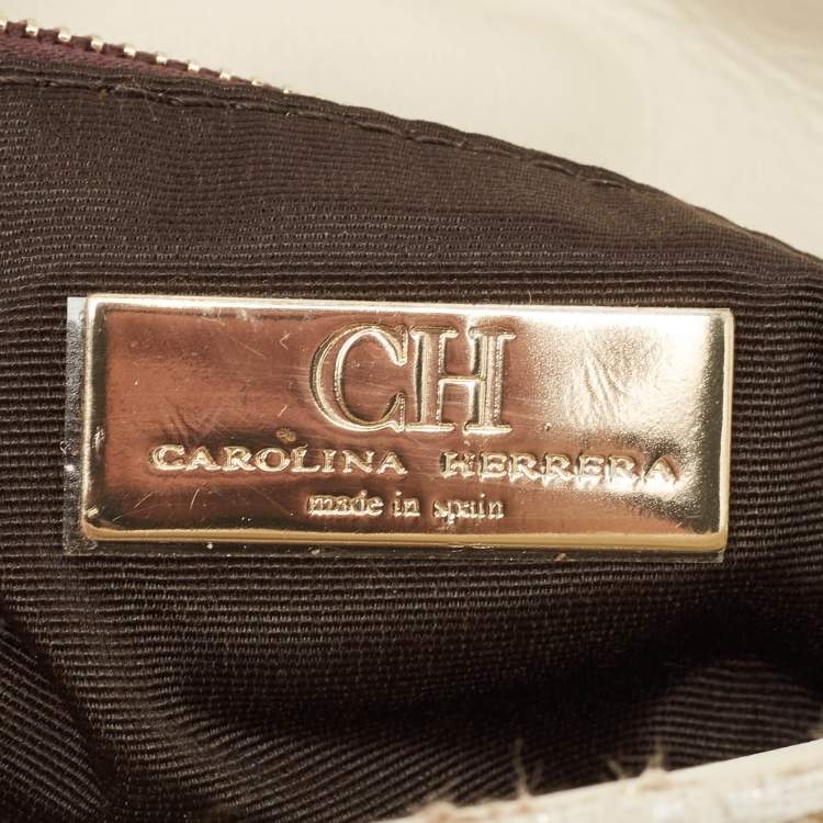 Pre Owned CH Carolina Herrera Beige/Silver Tweed and Leather Faux Pearl Embellished Shoulder Bag
