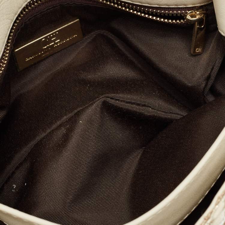 Pre Owned CH Carolina Herrera Beige/Silver Tweed and Leather Faux Pearl Embellished Shoulder Bag