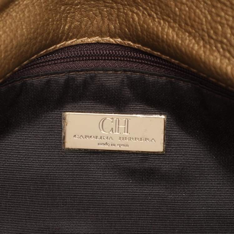 Pre Owned CH Carolina Herrera Gold Embossed Leather Bow Crossbody Bag