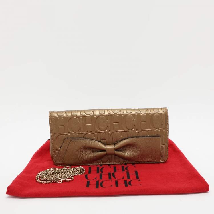 Pre Owned CH Carolina Herrera Gold Embossed Leather Bow Crossbody Bag