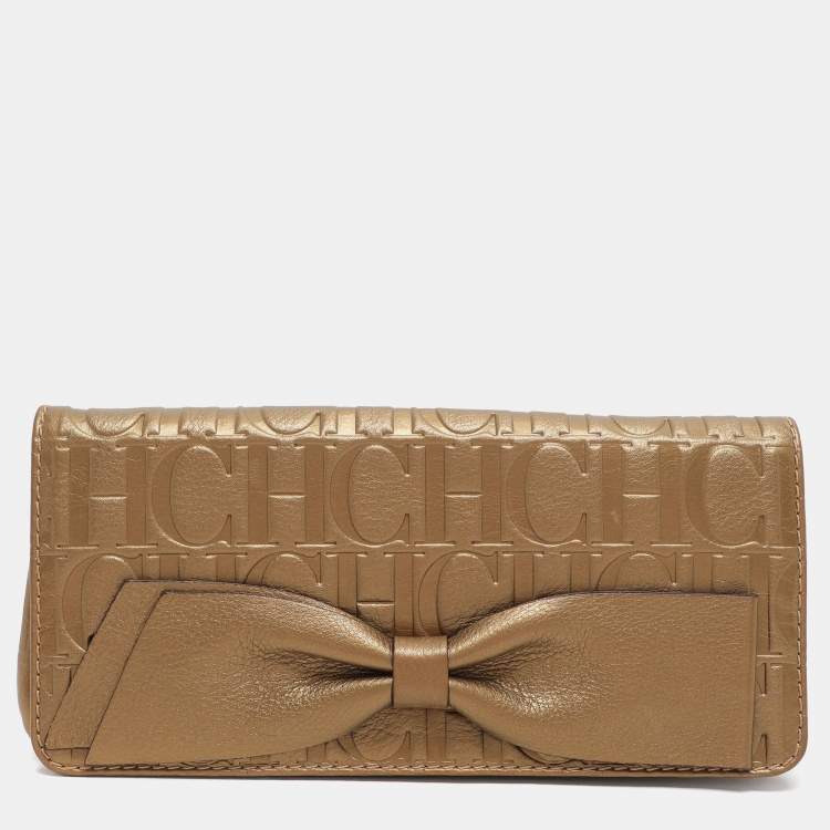 Pre Owned CH Carolina Herrera Gold Embossed Leather Bow Crossbody Bag