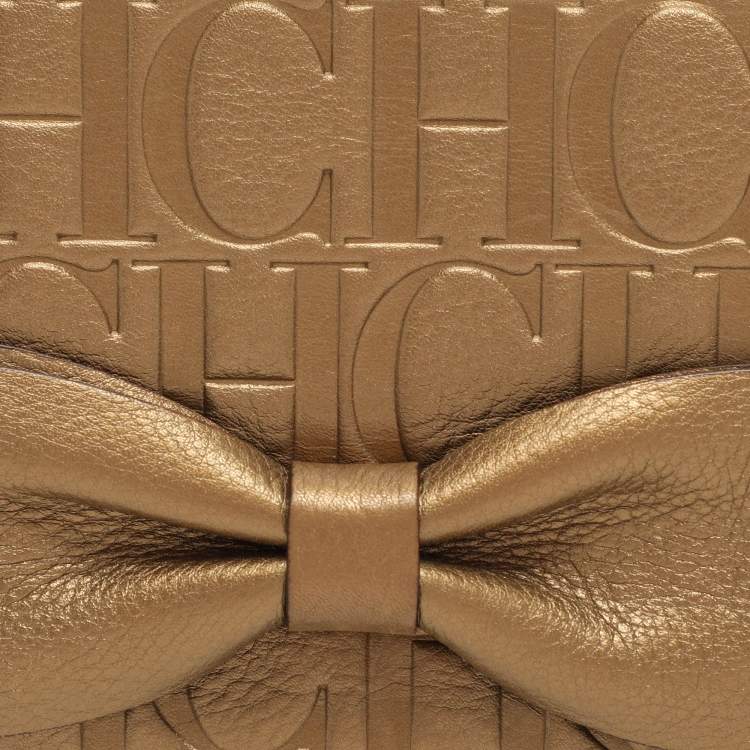 Pre Owned CH Carolina Herrera Gold Embossed Leather Bow Crossbody Bag