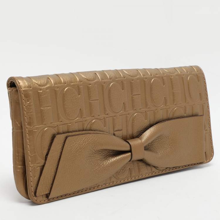 Pre Owned CH Carolina Herrera Gold Embossed Leather Bow Crossbody Bag