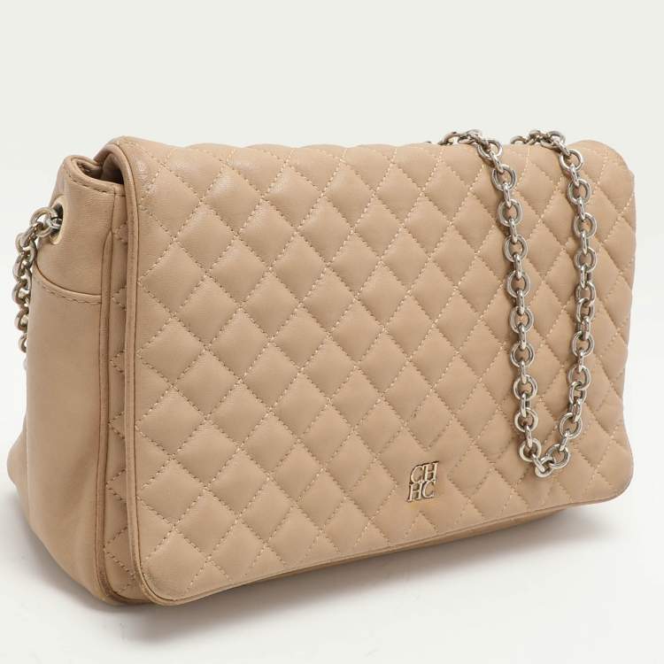 Pre Owned CH Carolina Herrera Beige Quilted Leather Flap Shoulder Bag