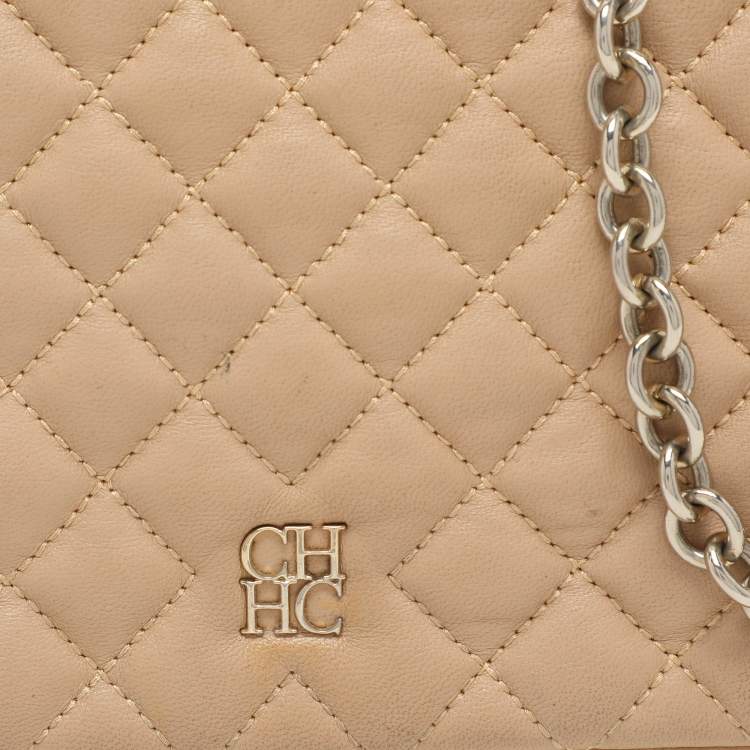 Pre Owned CH Carolina Herrera Beige Quilted Leather Flap Shoulder Bag