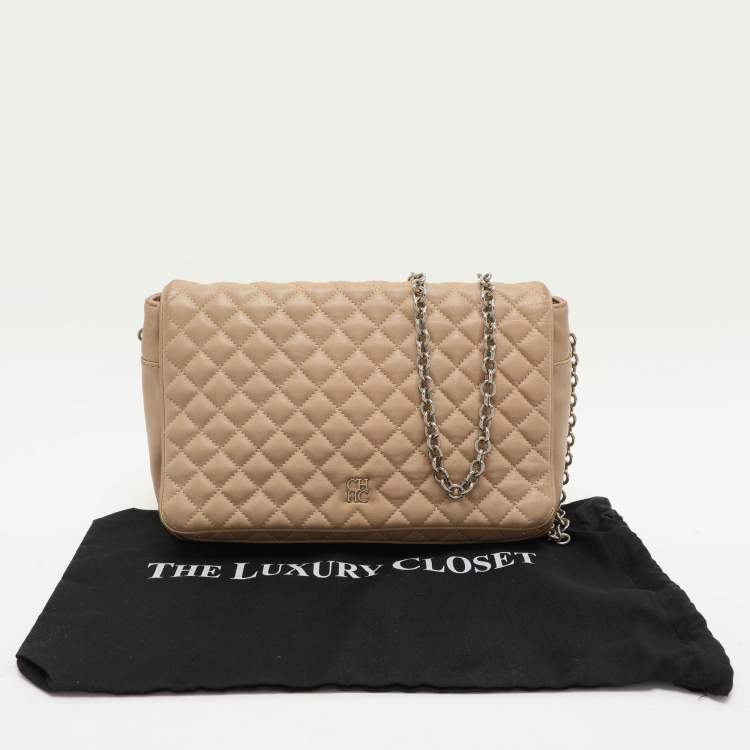 Pre Owned CH Carolina Herrera Beige Quilted Leather Flap Shoulder Bag
