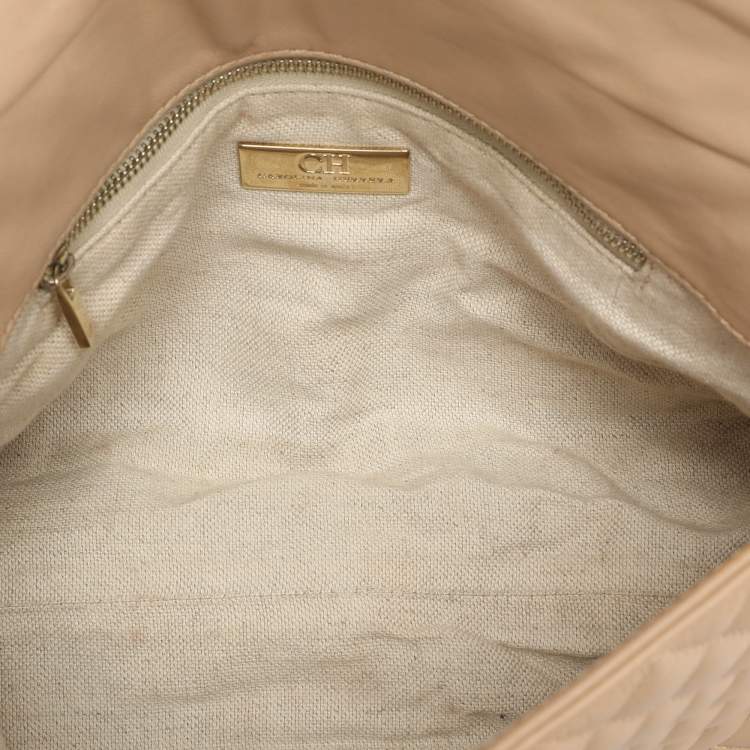 Pre Owned CH Carolina Herrera Beige Quilted Leather Flap Shoulder Bag