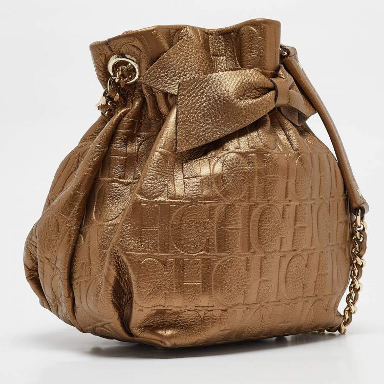 Pre Owned CH Carolina Herrera Gold Monogram Embossed Leather Bow Bucket Bag