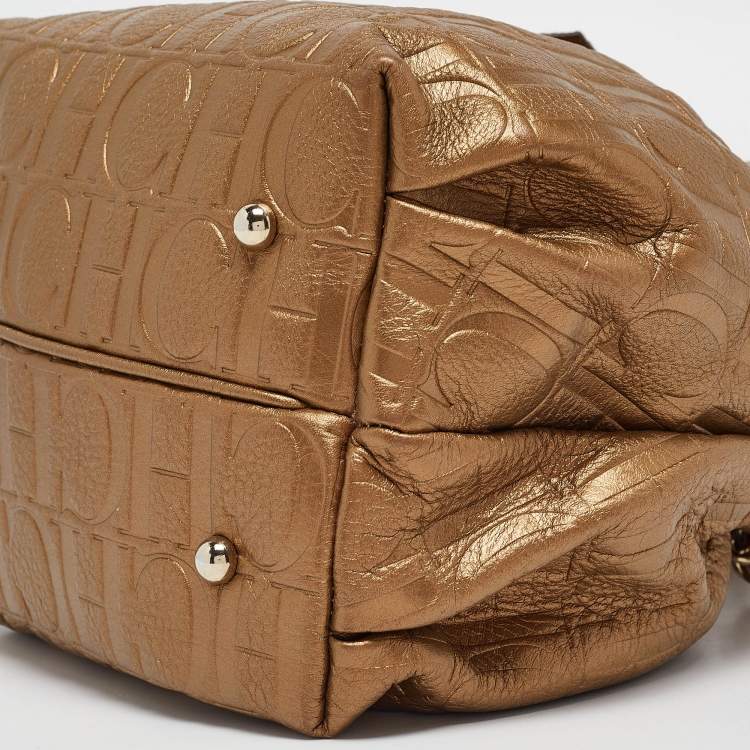 Pre Owned CH Carolina Herrera Gold Monogram Embossed Leather Bow Bucket Bag