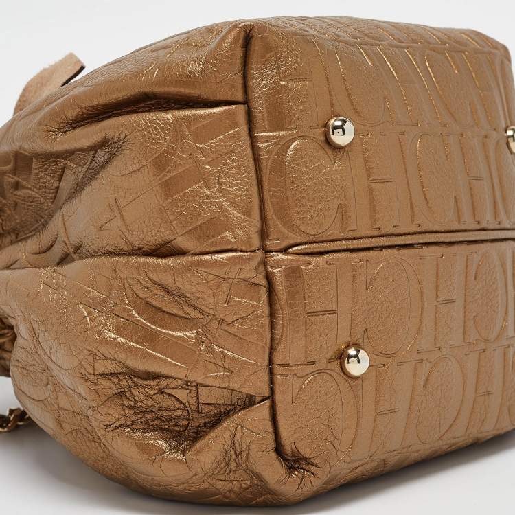 Pre Owned CH Carolina Herrera Gold Monogram Embossed Leather Bow Bucket Bag