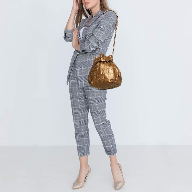 Pre Owned CH Carolina Herrera Gold Monogram Embossed Leather Bow Bucket Bag