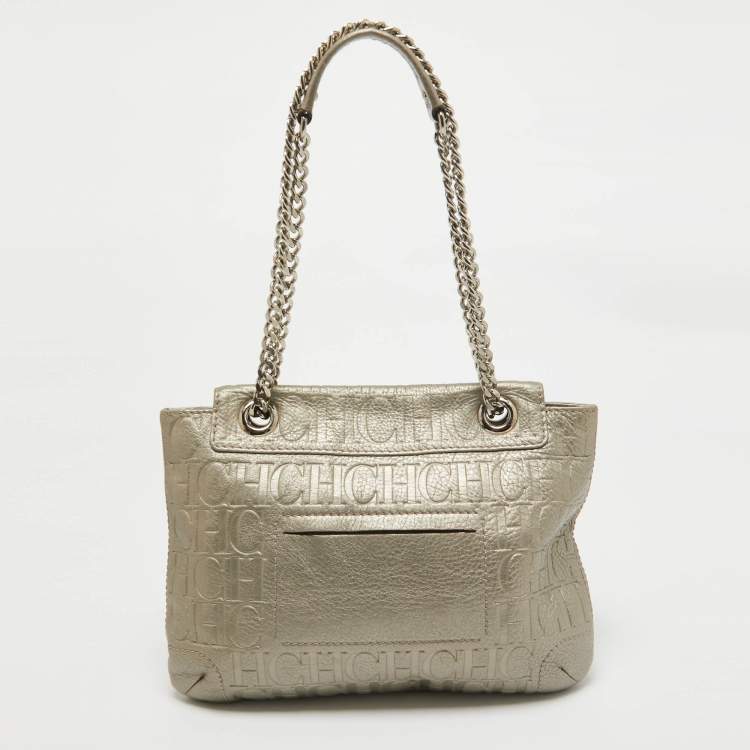 Pre Owned CH Carolina Herrera Grey Monogram Embossed Leather Audrey Shoulder Bag