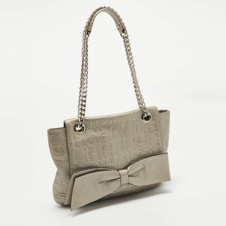 Pre Owned CH Carolina Herrera Grey Monogram Embossed Leather Audrey Shoulder Bag