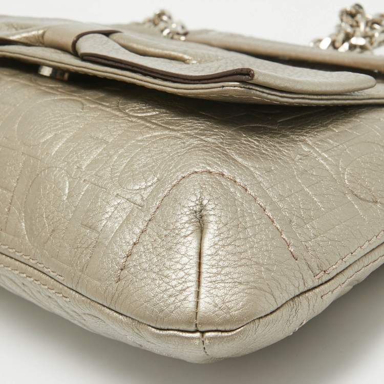 Pre Owned CH Carolina Herrera Grey Monogram Embossed Leather Audrey Shoulder Bag