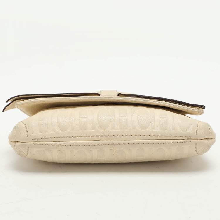 Pre Owned CH Carolina Herrera Cream Monogram Leather Audrey Shoulder Bag
