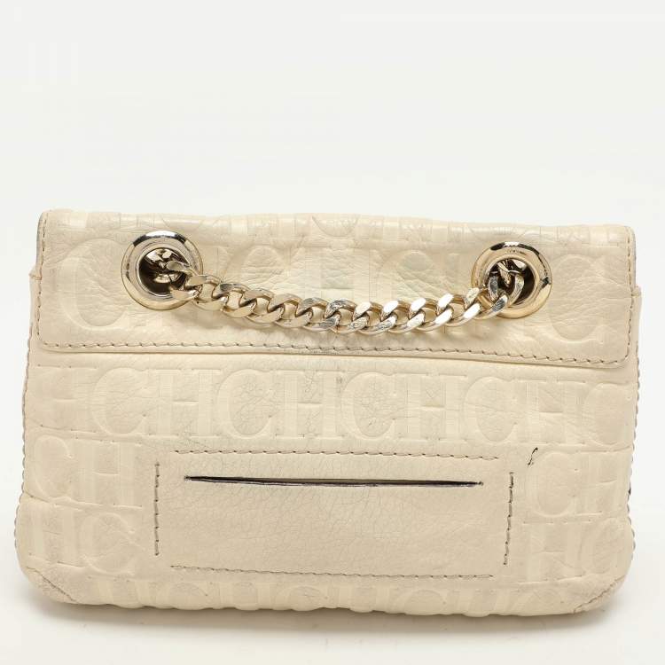 Pre Owned CH Carolina Herrera Cream Monogram Leather Audrey Shoulder Bag