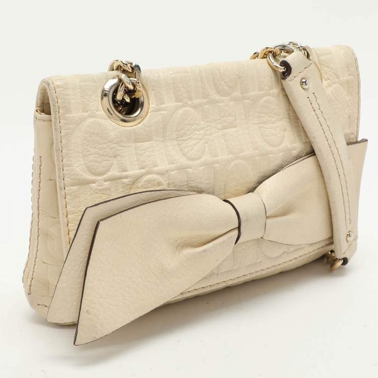 Pre Owned CH Carolina Herrera Cream Monogram Leather Audrey Shoulder Bag