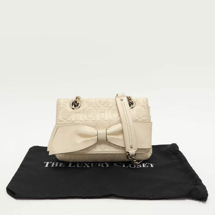 Pre Owned CH Carolina Herrera Cream Monogram Leather Audrey Shoulder Bag