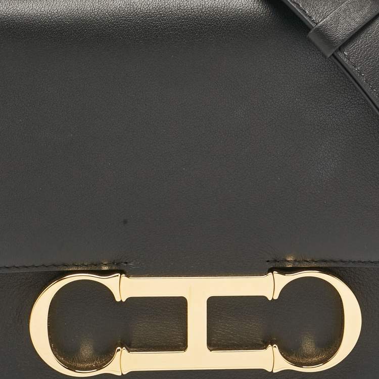 Pre Owned CH Carolina Herrera Black Leather Medium Initials Insignia Shoulder Bag