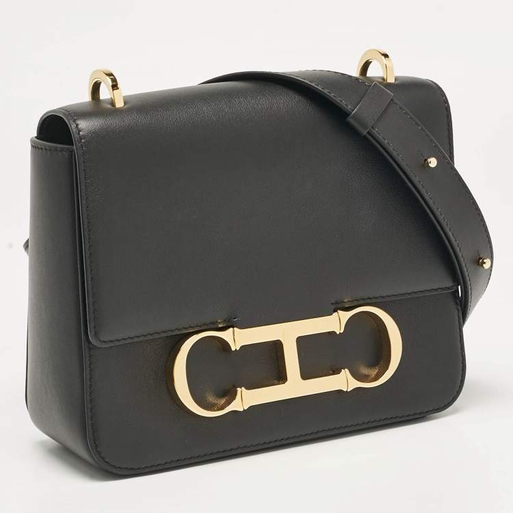 Pre Owned CH Carolina Herrera Black Leather Medium Initials Insignia Shoulder Bag
