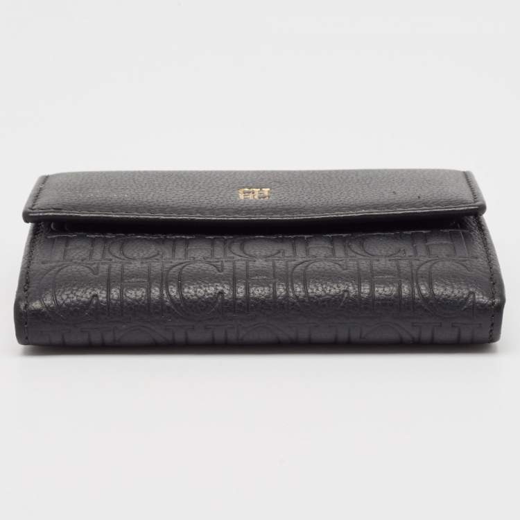 Pre Owned CH Carolina Herrera Black Monogram Leather Compact Wallet