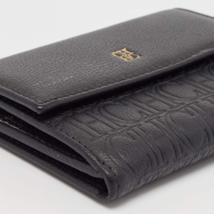 Pre Owned CH Carolina Herrera Black Monogram Leather Compact Wallet