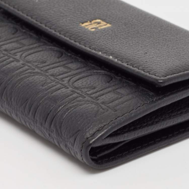Pre Owned CH Carolina Herrera Black Monogram Leather Compact Wallet