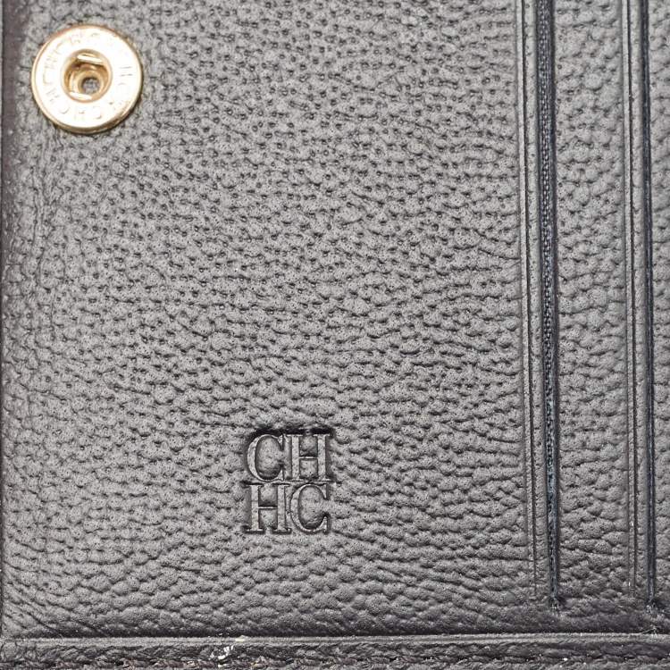 Pre Owned CH Carolina Herrera Black Monogram Leather Compact Wallet