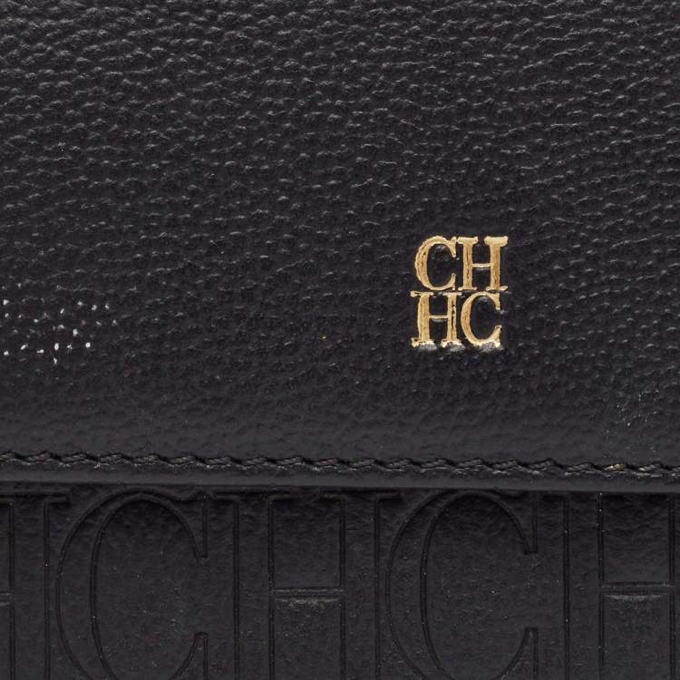 Pre Owned CH Carolina Herrera Black Monogram Leather Compact Wallet